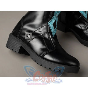 Lumine cosplay boot detail with a silver-tone square buckle above a black lug sole.