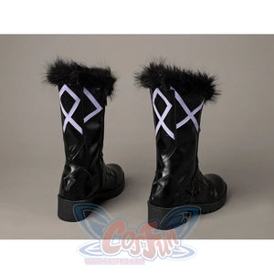 Lumine cosplay boots back view with lavender geometric straps and fluffy black trim.