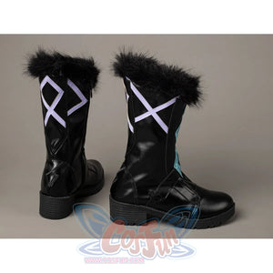Lumine cosplay boots side view pairs black lug soles with turquoise side panels and lavender shaft accents.