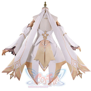 Back view of Genshin Impact Lumine cosplay costume with white streamers, gold back waist piece, long skirt panel, and gloves