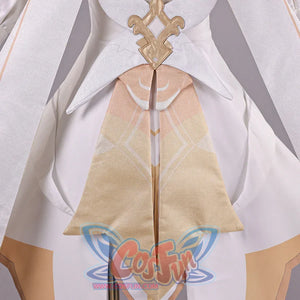 Back waist detail of Genshin Impact Lumine cosplay costume with gold ornament, beige panel, white skirt, and long streamer