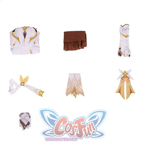 Flat lay of Genshin Impact Lumine cosplay costume pieces with dress, sleeves, gloves, choker, streamers, and back accessory