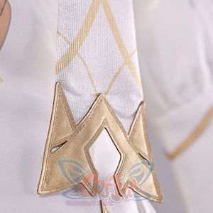 Close-up of Genshin Impact Lumine cosplay costume arm sleeve with gold diamond trim, white fabric, and crisscross lines