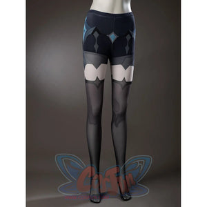 Lumine cosplay socks front view with dark geometric thigh panels and pale scalloped sections.