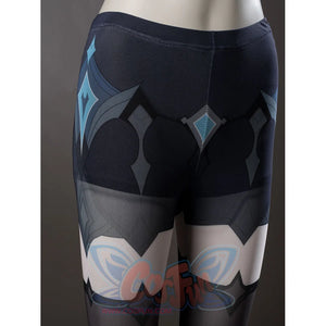 Lumine cosplay socks upper detail layers navy diamond patterns over translucent panels with pale scalloped edges.