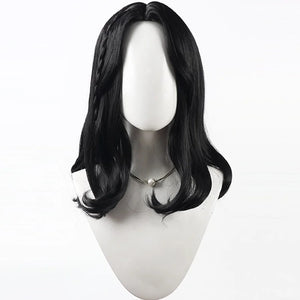 Front view of Lune cosplay wig from Clair Obscur Expedition 33 with medium black waves, center part, and curled ends