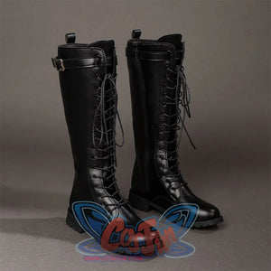 Angled front view of Maelle cosplay boots from Clair Obscur Expedition 33 with black lace-up shafts and side buckle straps
