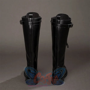 Back view of Maelle cosplay boots from Clair Obscur Expedition 33 with black tall shafts, heel seams, and buckle straps