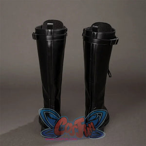 Back view of Maelle cosplay boots from Clair Obscur Expedition 33 with black tall shafts, heel seams, and buckle straps
