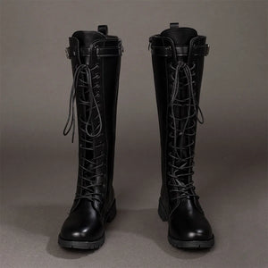 Front view of Maelle cosplay boots from Clair Obscur Expedition 33 with tall black shafts, laces, buckles, and thick soles