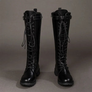 Front view of Maelle cosplay boots from Clair Obscur Expedition 33 with tall black shafts, laces, buckles, and thick soles