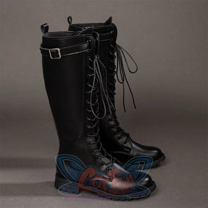Side view of Maelle cosplay boots from Clair Obscur Expedition 33 with black tall shafts, laces, buckles, and rugged soles