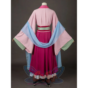 The Apothecary Diaries Maomao cosplay costume turns the pink robe and blue shawl over the magenta back skirt.