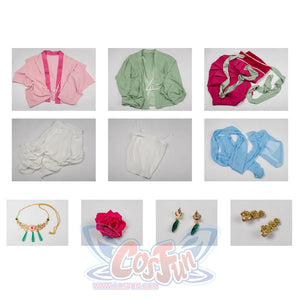 The Apothecary Diaries Maomao cosplay costume lays robe pieces and jewelry into a compact flat-lay overview.