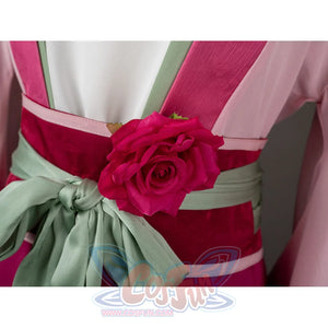 The Apothecary Diaries Maomao cosplay costume anchors the red floral accent beside the mint waist bow.