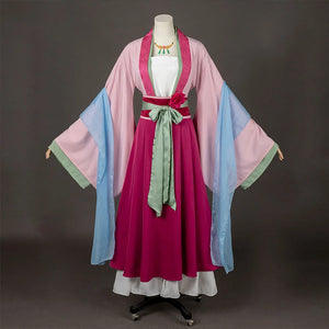 COSFUN The Apothecary Diaries Maomao cosplay costume layers pink robes around a magenta skirt and pale blue shawl.