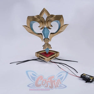 Genshin Impact Marionette Sandrone cosplay clockwork spring prop connects to an external battery case via black wires.