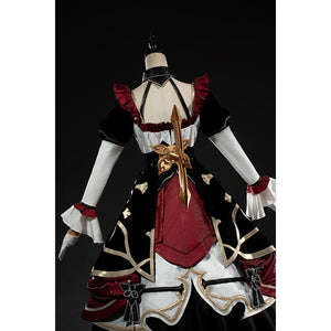 Genshin Impact Marionette Sandrone cosplay costume centers the rear burgundy panel below open shoulder straps.