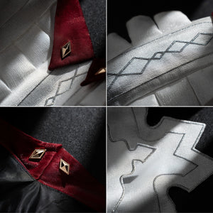 Genshin Impact Marionette Sandrone cosplay costume collects burgundy and white fabric textures.