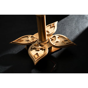 Genshin Impact Marionette Sandrone cosplay costume angles the gold-tone flower prop around red gem-like accents.