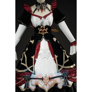 Genshin Impact Marionette Sandrone cosplay costume frames the ornate bodice above the white skirt panel.