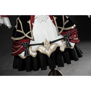 Genshin Impact Marionette Sandrone cosplay costume centers the layered hem around gold-tone edging.