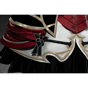 Genshin Impact Marionette Sandrone cosplay costume traces gold-tone edging around the white skirt hem.