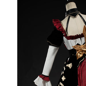 Genshin Impact Marionette Sandrone cosplay costume anchors the white skirt panel above black ruffles.