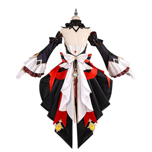 Genshin Impact Marionette Sandrone old design cosplay costume back view highlights the large waist bow and flared sleeves.