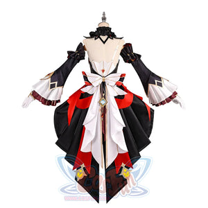 Genshin Impact Marionette Sandrone old design cosplay costume back view highlights the large waist bow and flared sleeves.