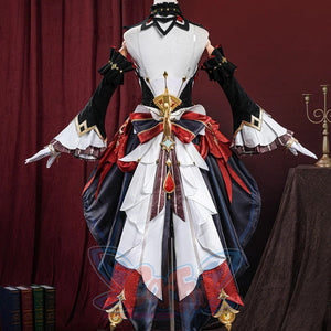 Genshin Impact Marionette Sandrone old design cosplay costume anchors a large back bow drape and detailed Vision pendant.