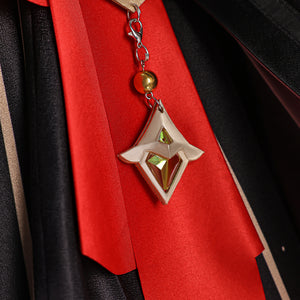 Genshin Impact Marionette Sandrone old design cosplay costume anchors a hanging gold-tone pendant over red fabric.