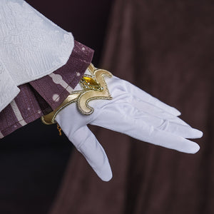 Genshin Impact Marionette Sandrone old design cosplay costume captures the ornate gold-tone wrist detail atop a white glove.