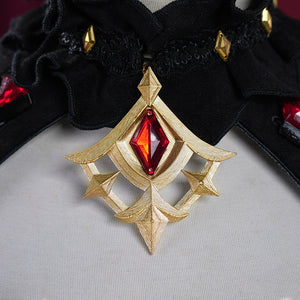 Genshin Impact Marionette Sandrone old design cosplay costume centers a gold-tone neckline ornament upon ruffled trim.