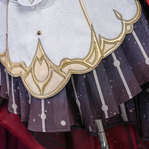 Genshin Impact Marionette Sandrone old design cosplay costume captures the gold-tone embroidered white dress layers.
