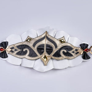 Genshin Impact Marionette Sandrone old design cosplay costume waist cincher centers ornate embroidery and red gem-like bows.