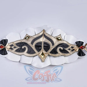 Genshin Impact Marionette Sandrone old design cosplay costume waist cincher centers ornate embroidery and red gem-like bows.