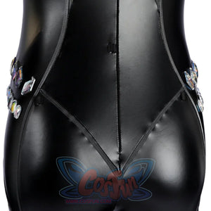Marvel Rivals Black Cat Felicia Hardy cosplay back seam detail traces black glossy panels below the zipper.