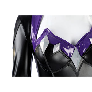 Marvel Rivals Black Cat Felicia Hardy cosplay bodice detail layers purple edging over glossy black cups.