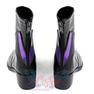 Marvel Rivals Black Cat Felicia Hardy cosplay boots back view frames purple panels above sturdy black heels.