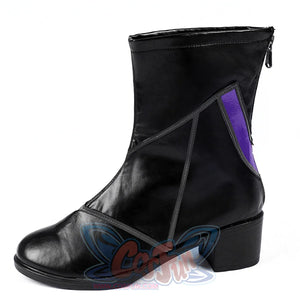 Marvel Rivals Black Cat Felicia Hardy cosplay boots side profile sets a purple inset against black PU leather.