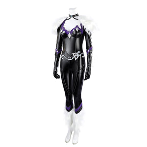 Marvel Rivals Black Cat Felicia Hardy cosplay costume angled front view balances black gloss and purple trim.