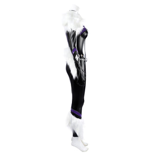 Marvel Rivals Black Cat Felicia Hardy cosplay costume side view lets white faux fur trail along the black suit.