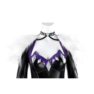 Marvel Rivals Black Cat Felicia Hardy cosplay costume upper bodice frames the collar, shawl, and purple cups.