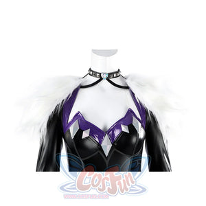 Marvel Rivals Black Cat Felicia Hardy cosplay costume upper bodice frames the collar, shawl, and purple cups.