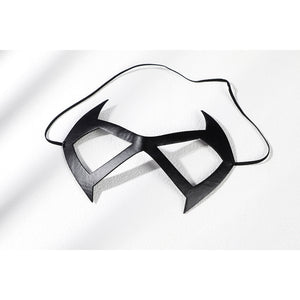 Marvel Rivals Black Cat Felicia Hardy cosplay eye mask lies flat with sharp black rims and pale fur trim.