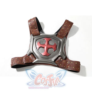 Masters of the Universe He-Man cosplay chest harness flat lay shows gray armor plates joined by brown straps