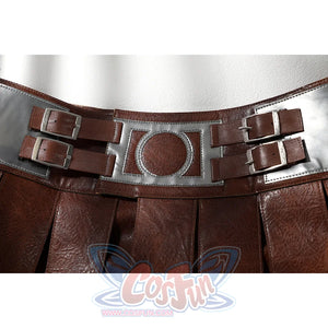 Masters of the Universe He-Man cosplay rear belt detail shows layered brown straps across the waist apron