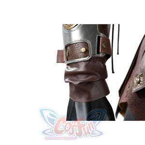Masters of the Universe He-Man cosplay wristband close-up highlights brown cuff layers beneath gray trim