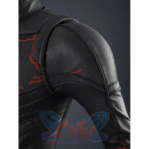 Matt Murdock black cosplay bodysuit layers textured black fabric with red accents and reinforced shoulder armor pieces.